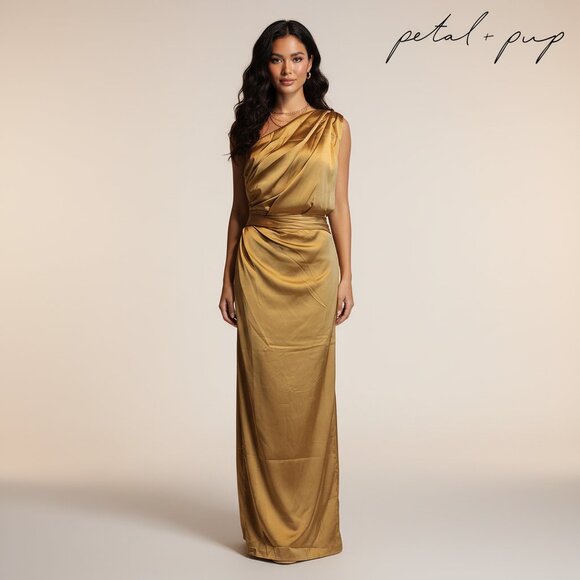Petal & Pup Dresses & Skirts - Petal & Pup Gold Satin One-Shoulder Maxi Dress